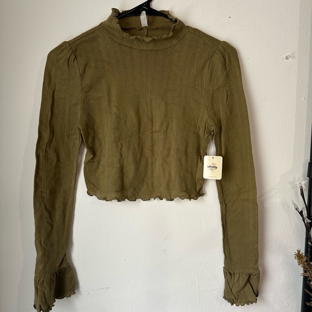Free People Textured Olive Green Ruffled Women's Mock Neck Top
